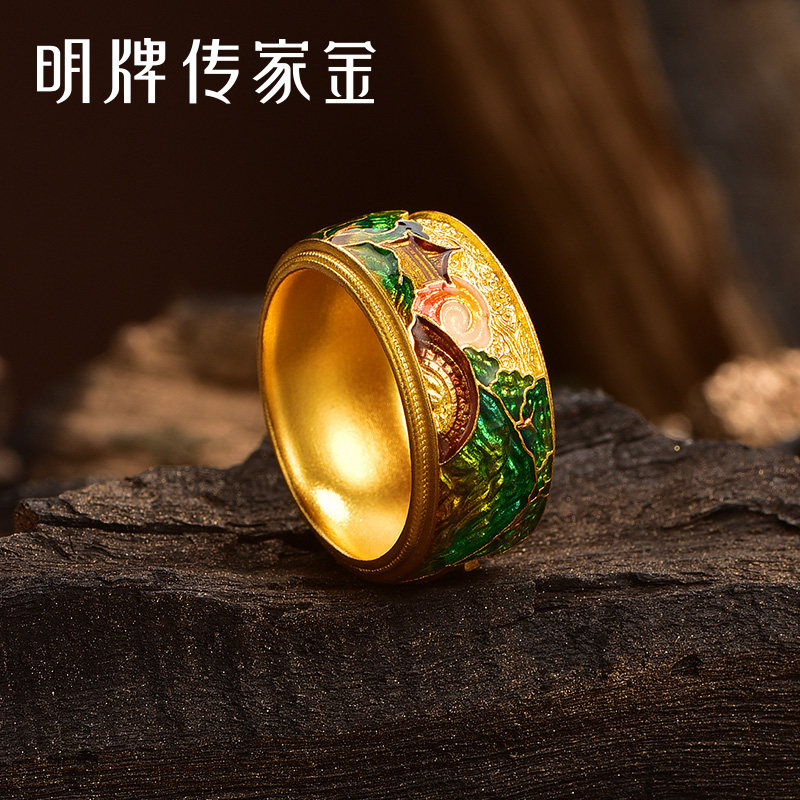 明牌珠宝t古法黄金千山万水戒指 足金千里江山指环男女款AFM0350