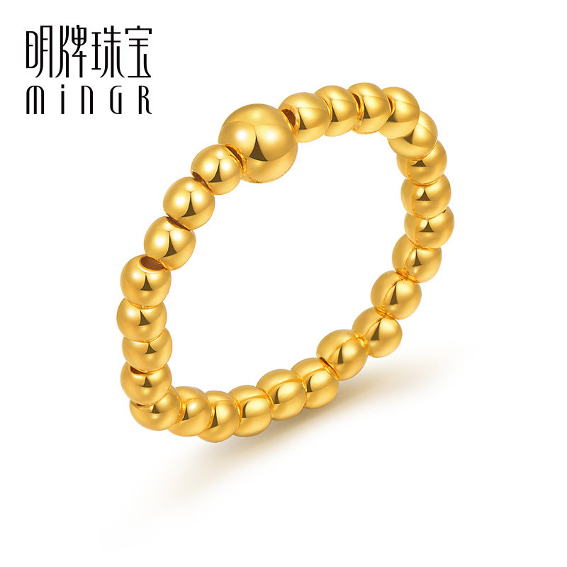 明牌珠宝足金圆珠戒指 黄金女士简约时尚小金珠素戒正品AFM0163