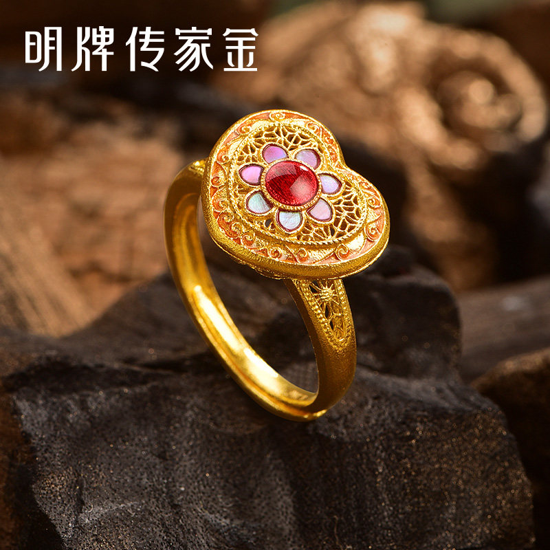 明牌珠宝古法黄金心形戒指t足金贝壳镶嵌镂空爱心螺钿指环AFM0341