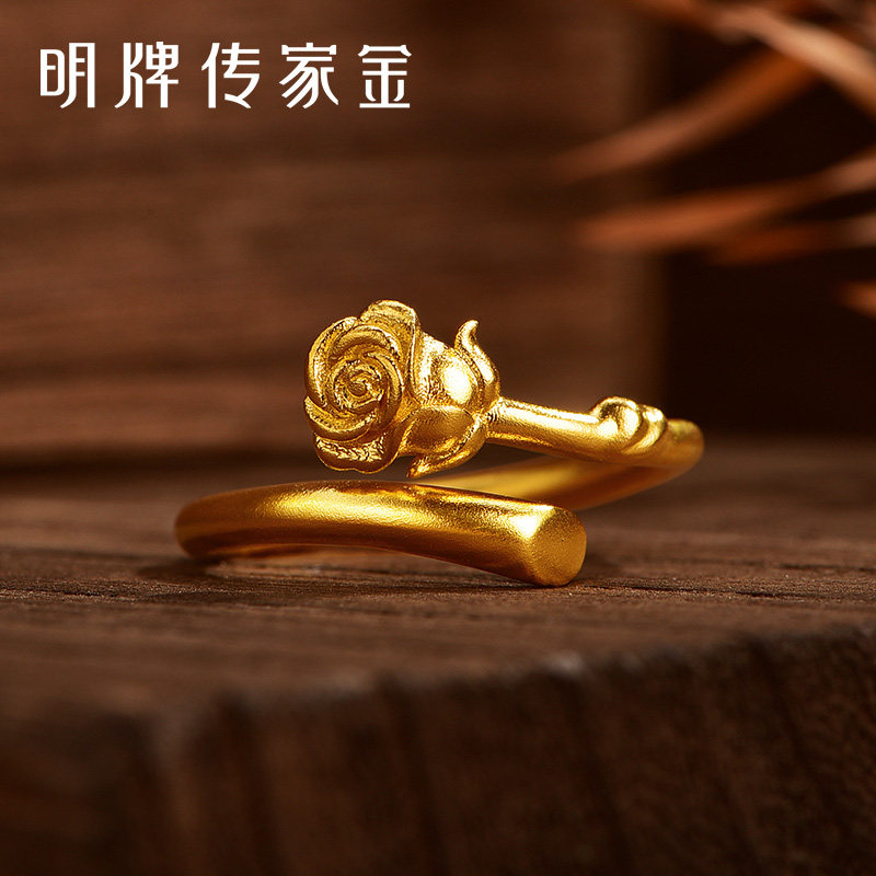 明牌珠宝古法黄金爱神玫瑰戒指