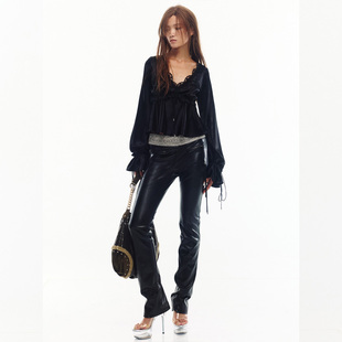 JELLOJELLO25冬重工流苏吊坠拉链豹纹印花内里牛皮质感直筒PU皮裤