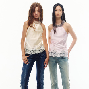 【蒲言延同款】JELLOJELLO25秋冬定制蕾丝边拼接醋酸毛领挂脖上衣