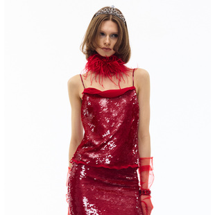 JELLOJELLO26早春新年华丽锆石链肩带鱼鳞珠片拼接雪纺吊带/半裙