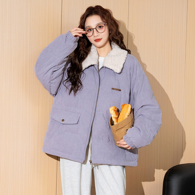 唐狮紫色短款棉服女2025冬季新款仿羊羔毛拼接宽松小个子棉衣外套
