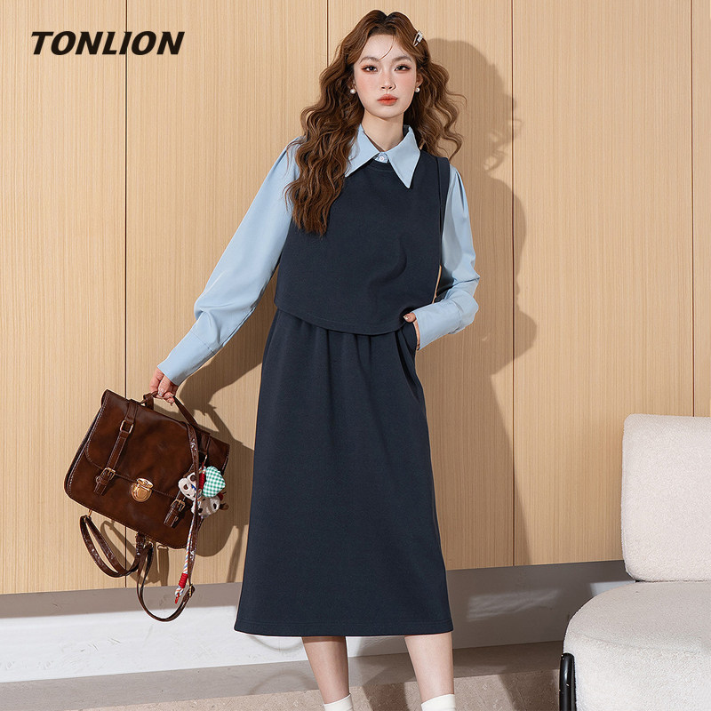 唐狮休闲套装裙女2025秋冬季新款假两件背心气质半身裙时尚两件套