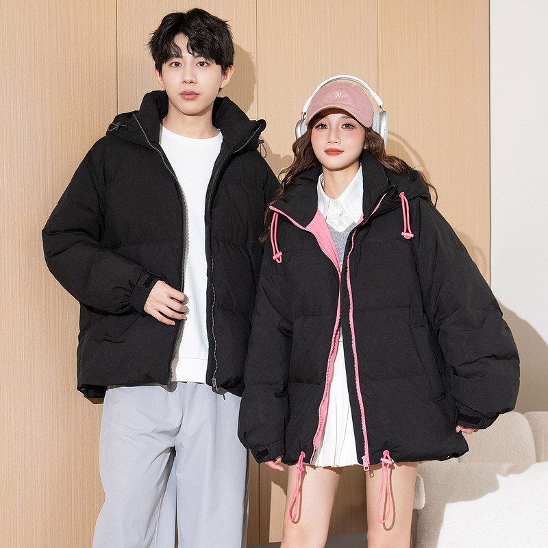 唐狮情侣羽绒服男女2025冬季新款韩版撞色连帽宽松短款黑色面包服