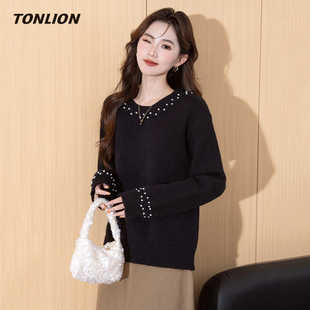 唐狮黑色毛衣女2025冬季新款宽松圆领套头设计感内搭可外穿针织衫