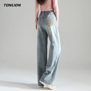 唐狮高腰加绒牛仔裤女2026春季新款流行裤子宽松显瘦小个子阔腿裤