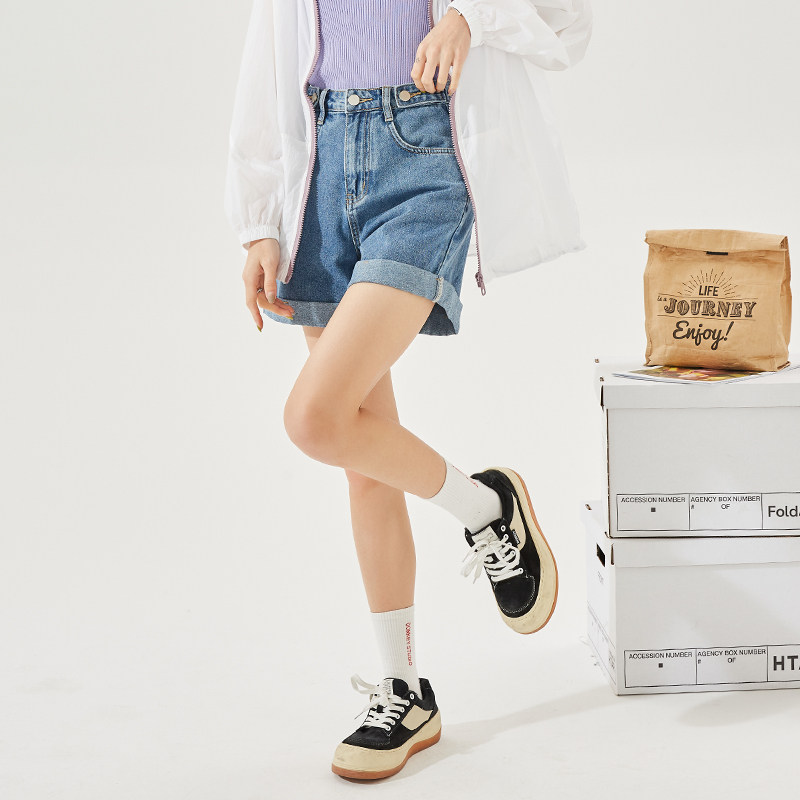 唐狮高腰牛仔短裤女2025夏季新款宽松显瘦卷边设计感外穿直筒热裤