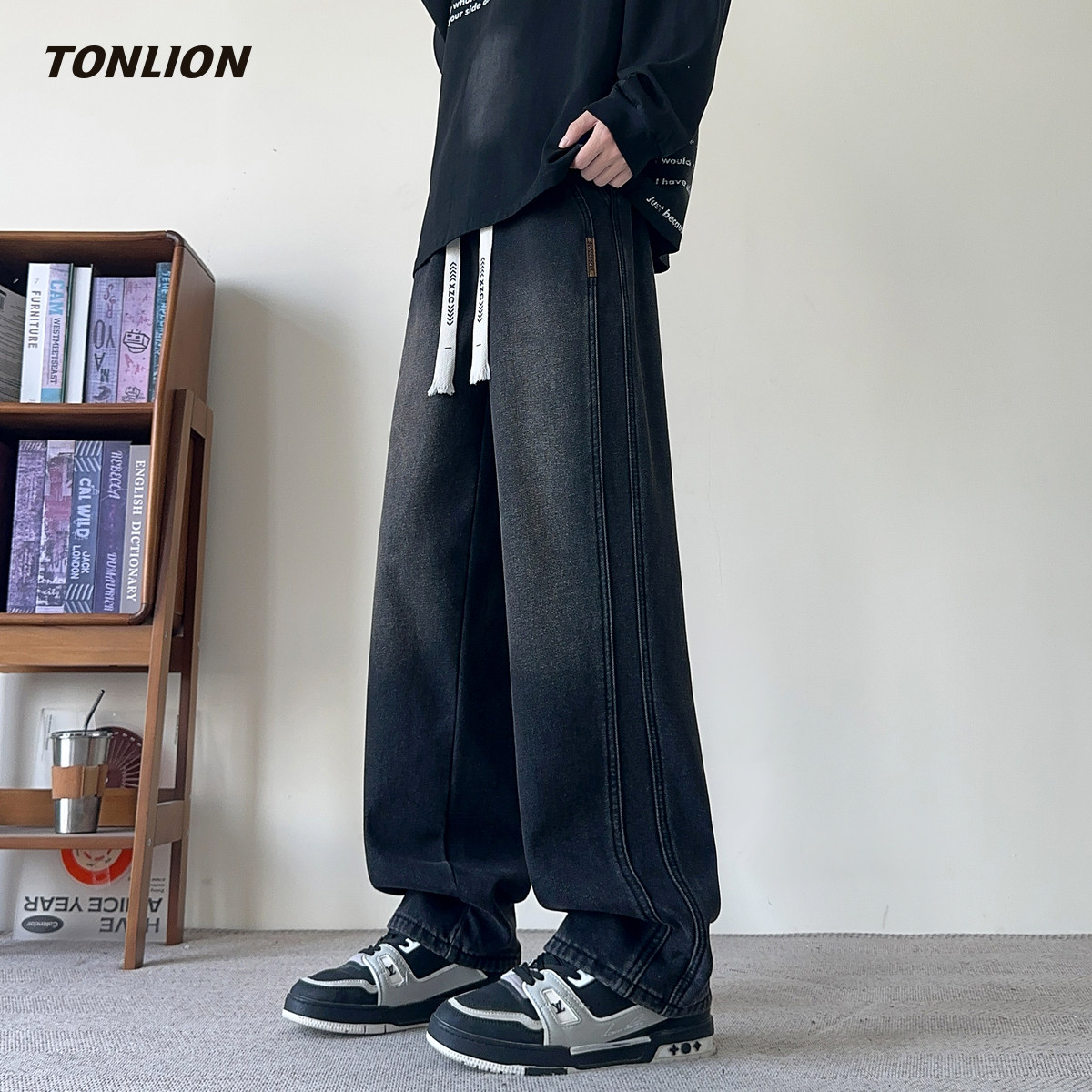 唐狮加绒牛仔裤男2025冬季新款潮流宽松显瘦青少年美式痞帅直筒裤