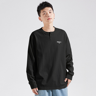 唐狮黑色长袖t恤男2025春季新款潮牌宽松圆领内搭休闲打底衫上衣