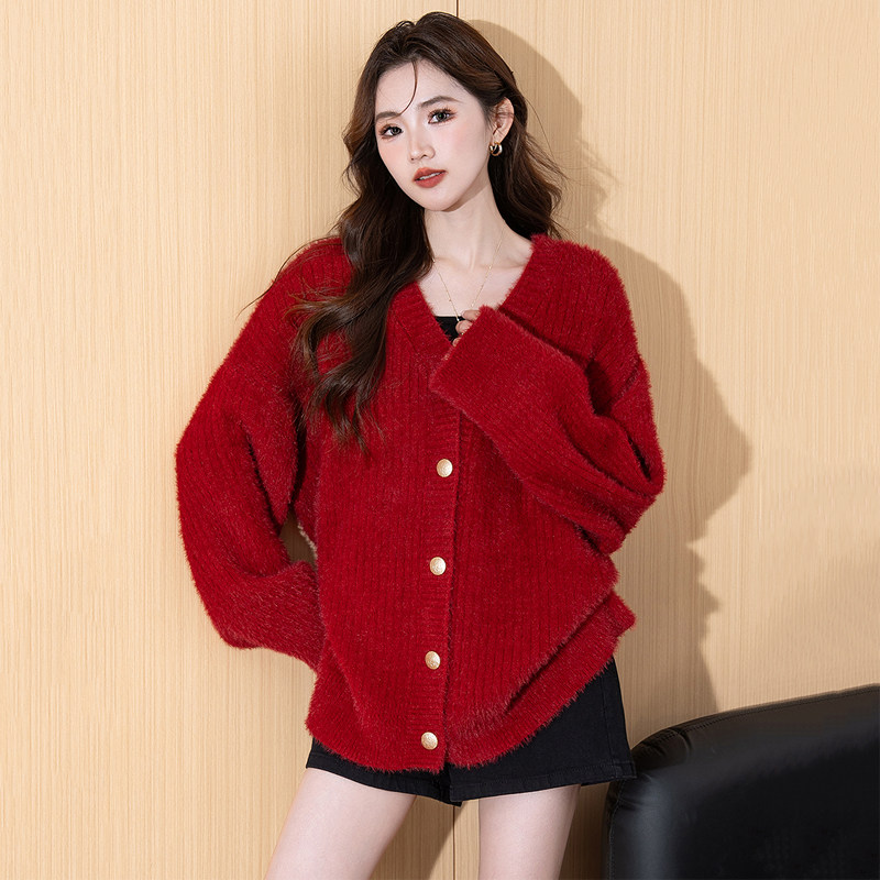 唐狮红色毛衣外套女2025秋冬新款V领宽松慵懒高级感长袖针织开衫