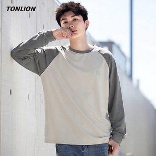 唐狮长袖T恤男2026春季新款潮流撞色拼接宽松圆领插肩袖休闲上衣