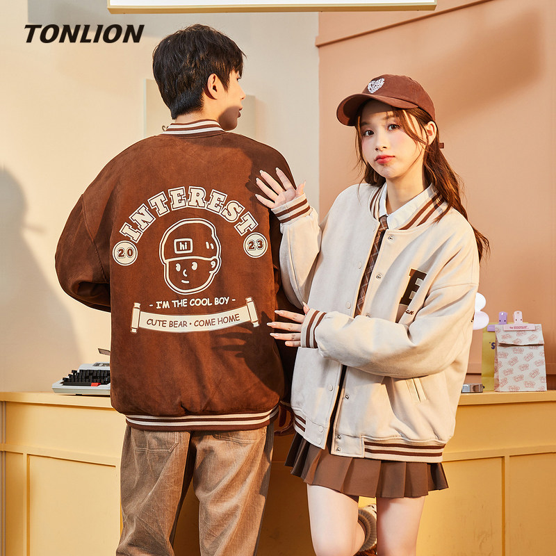唐狮情侣仿麂皮绒外套男女2025冬季新款宽松青少年加厚美式棒球服
