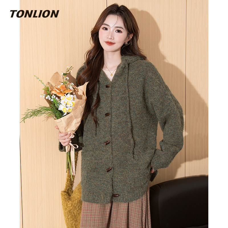 唐狮针织开衫女2025秋冬季新款宽松慵懒高级感小个子连帽毛衣外套