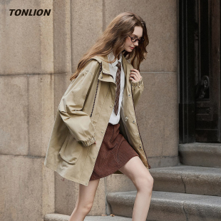 唐狮卡其色风衣女2026春秋新款 高级感气质休闲外套 宽松连帽中长款