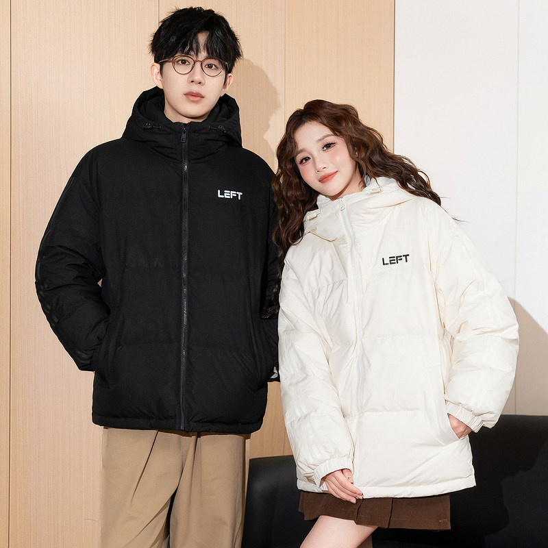 唐狮情侣短款羽绒服男女2025冬季新款宽松连帽高级感面包服厚外套
