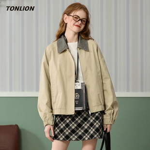 唐狮卡其色短款外套女2026春季新款撞色翻领宽松今年流行爆款夹克