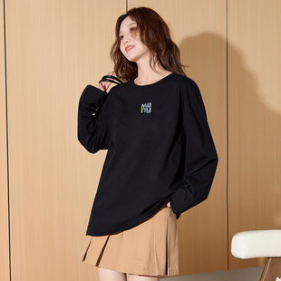 唐狮黑色长袖t恤女2025秋季新款宽松圆领纯棉内搭打底衫韩系上衣