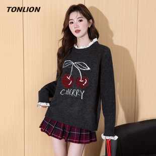 唐狮圆领毛衣女2025冬季新款木耳边假两件设计感宽松可外穿针织衫