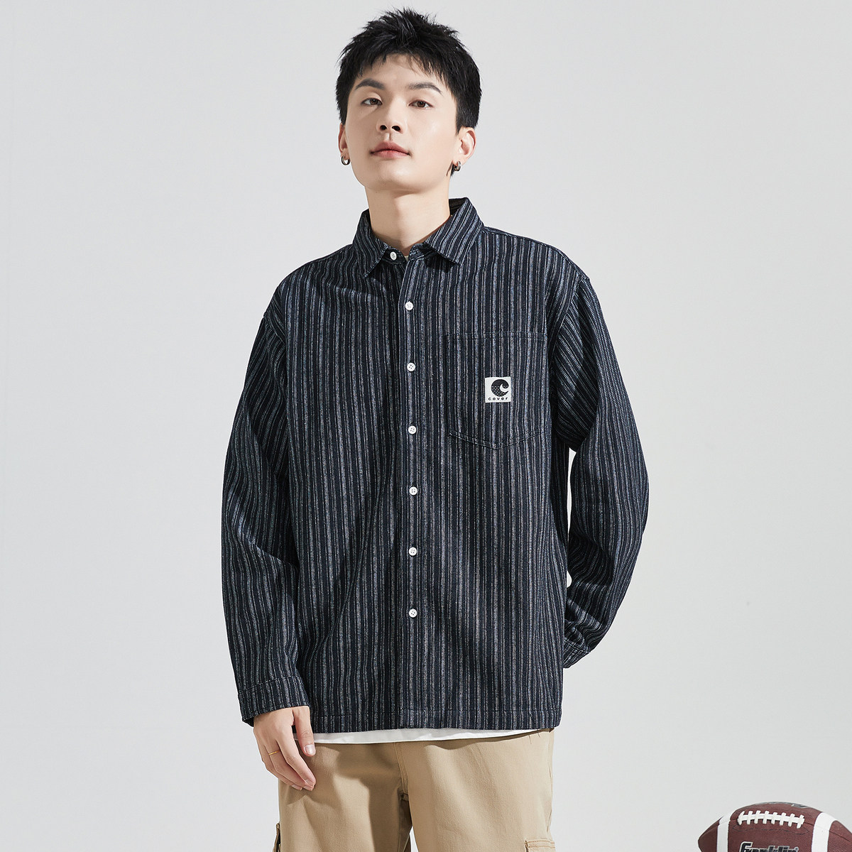 唐狮长袖牛仔衬衫男2025春季新款潮牌翻领宽松青少年休闲条纹衬衣
