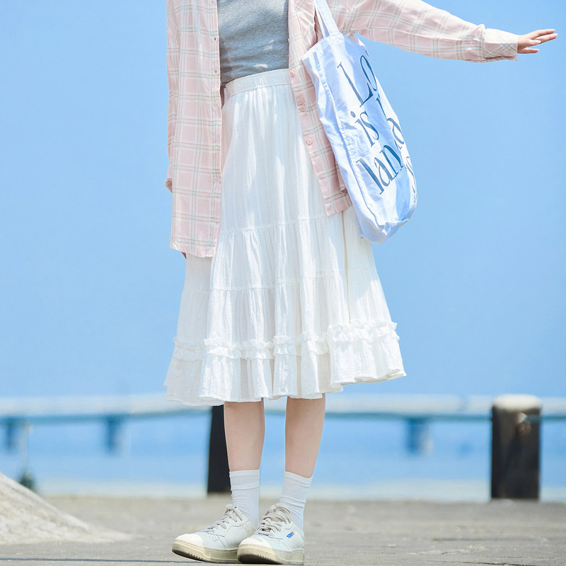 唐狮白色半身裙女2025春夏新款a字伞裙高腰显瘦垂坠感长款蛋糕裙