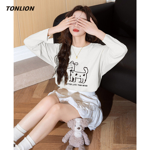 唐狮白色长袖T恤女2026春季新款可爱减龄印花宽松圆领小个子上衣