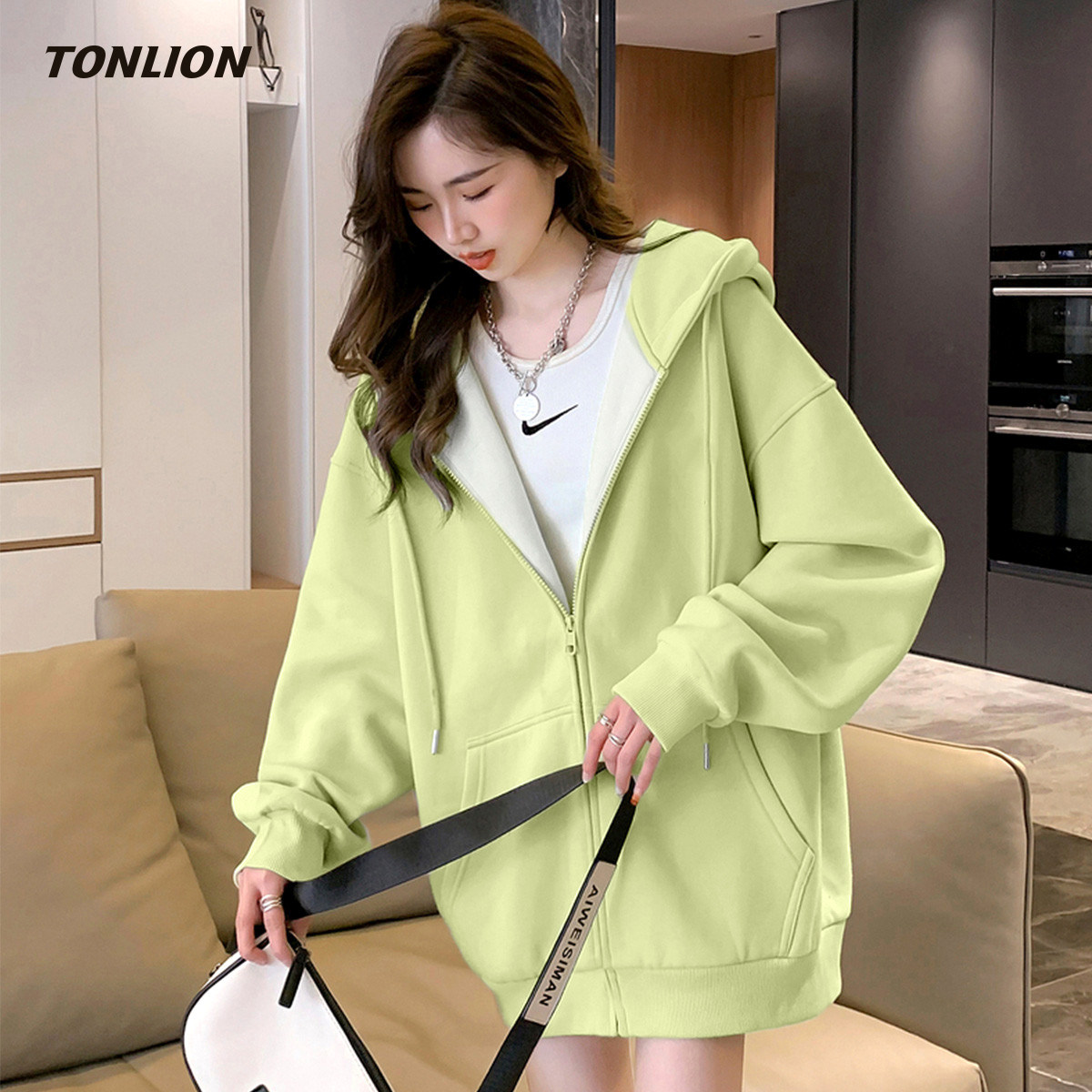 唐狮绿色加绒卫衣外套女2025秋冬新款韩版宽松连帽慵懒高级感上衣