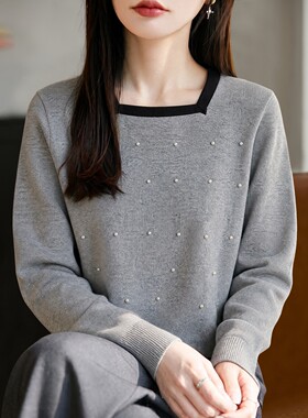 波点方领针织衫女宽松套头打底衫
