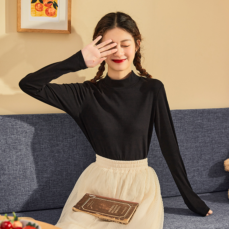 唐狮黑色半高领长袖t恤女2025秋冬新款修身显瘦小个子内搭打底衫