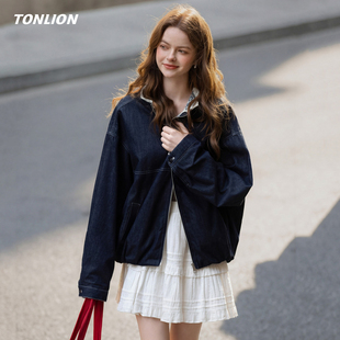 唐狮短款牛仔外套女2026春季新款蕾丝拼接设计感宽松连帽爆款夹克