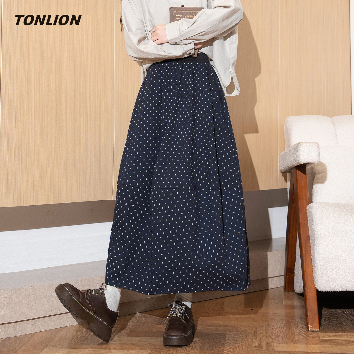 唐狮波点半身裙女2025秋冬新款a字裙高腰显瘦百搭小个子气质长裙