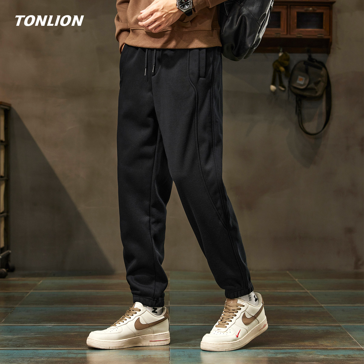 唐狮加绒加厚休闲裤子男款2025冬季新款运动长裤宽松百搭束脚卫裤