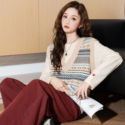 唐狮韩系V领宽松针织马甲背心女