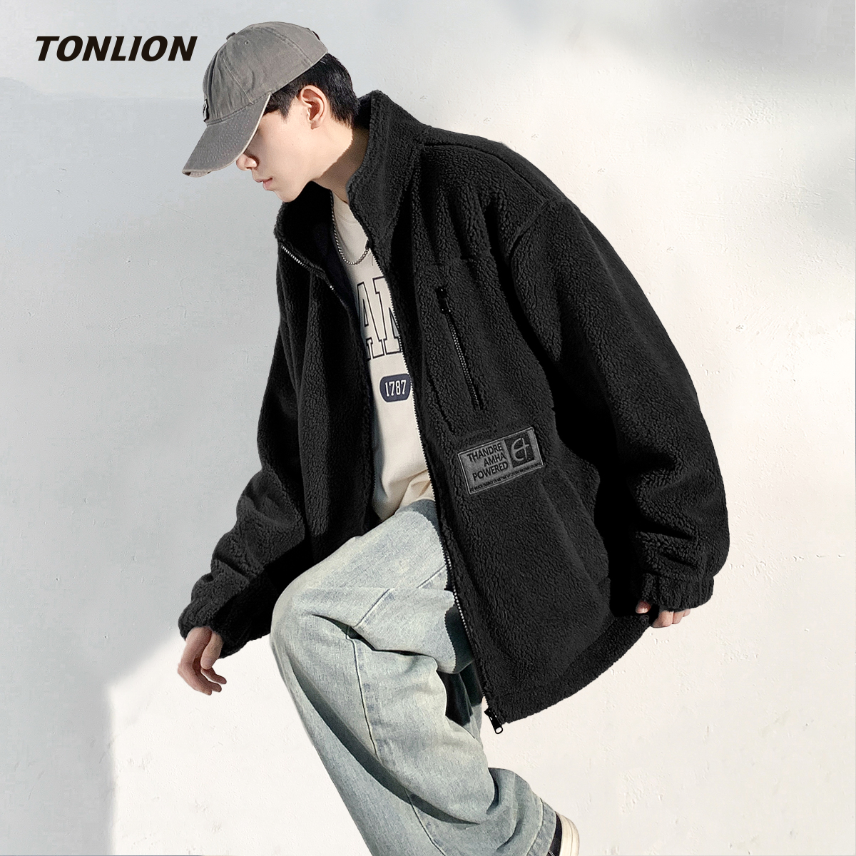 唐狮仿羊羔毛外套男款2025冬季新款韩版拼接立领宽松加厚保暖夹克