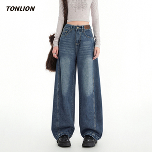 版 新款 型超好看 裤 唐狮牛仔裤 子宽松显瘦阔腿弯刀裤 女2025秋冬季