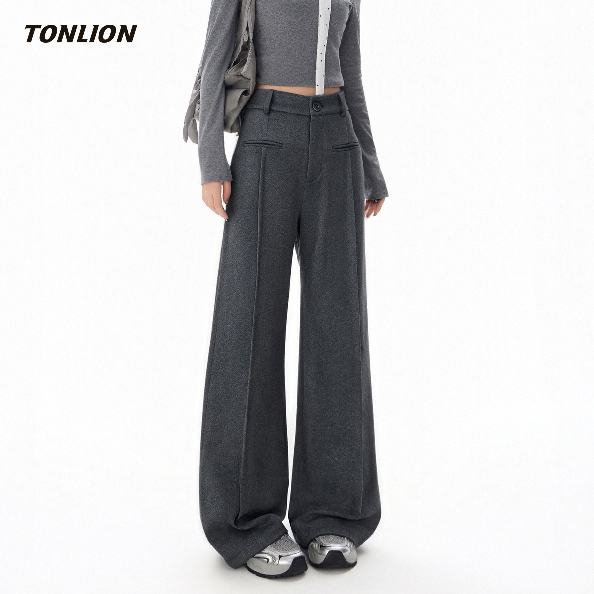 唐狮高腰毛呢休闲裤女2026春季新款宽松显瘦慵懒风垂坠感阔腿裤子