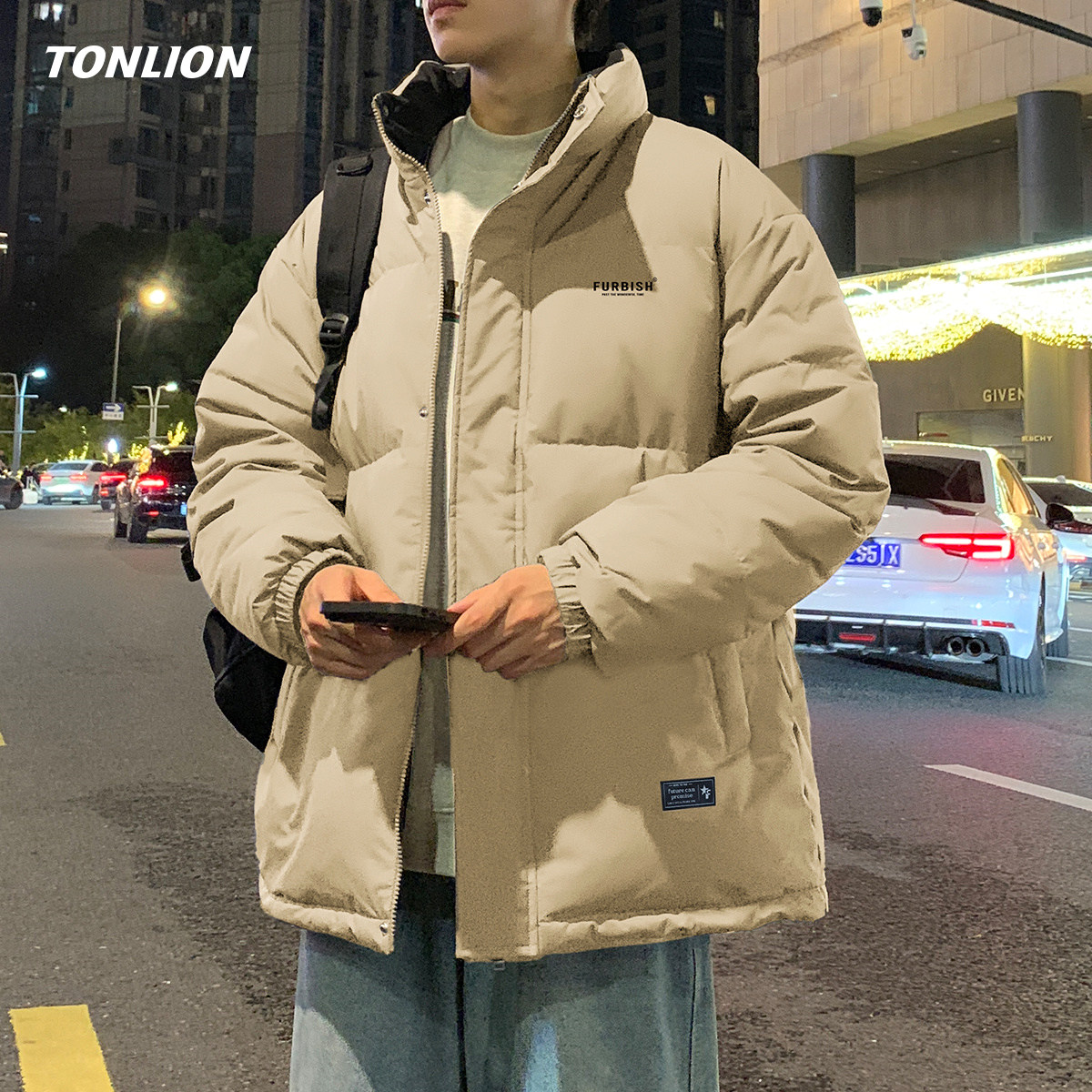 唐狮短款羽绒服男2025冬季新款撞色拼接立领宽松高级感男生面包服