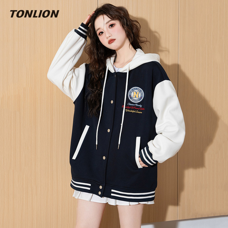 唐狮加绒加厚休闲外套女2025秋冬新款撞色拼接宽松连帽美式棒球服