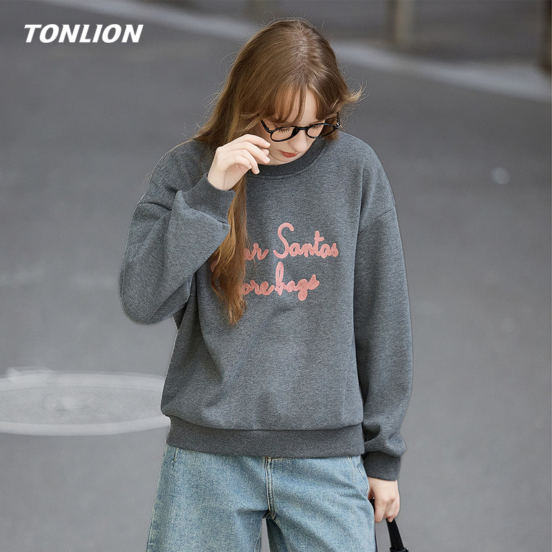 唐狮灰色加绒卫衣女2025冬季新款字母印花宽松圆领套头小个子上衣