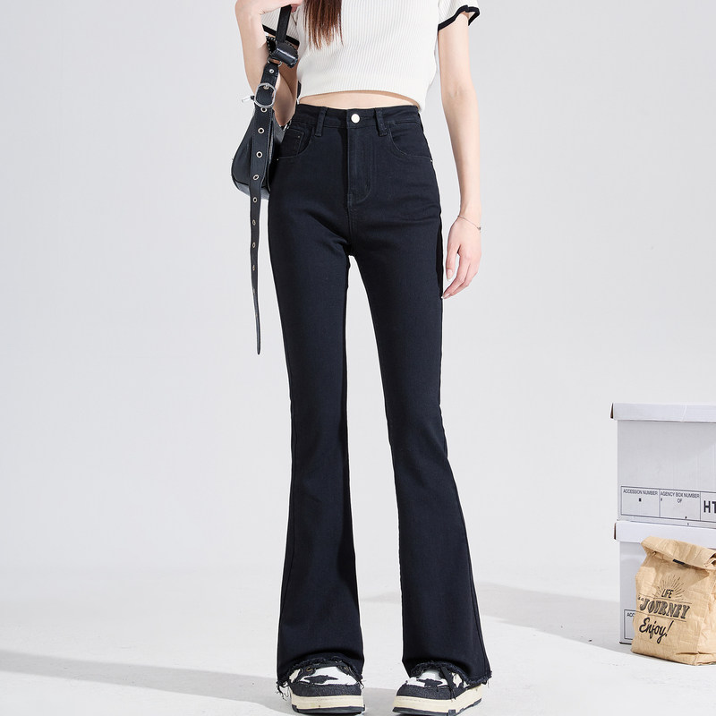 唐狮黑色高腰牛仔裤女2025春季新款修身显瘦小个子时尚毛边喇叭裤