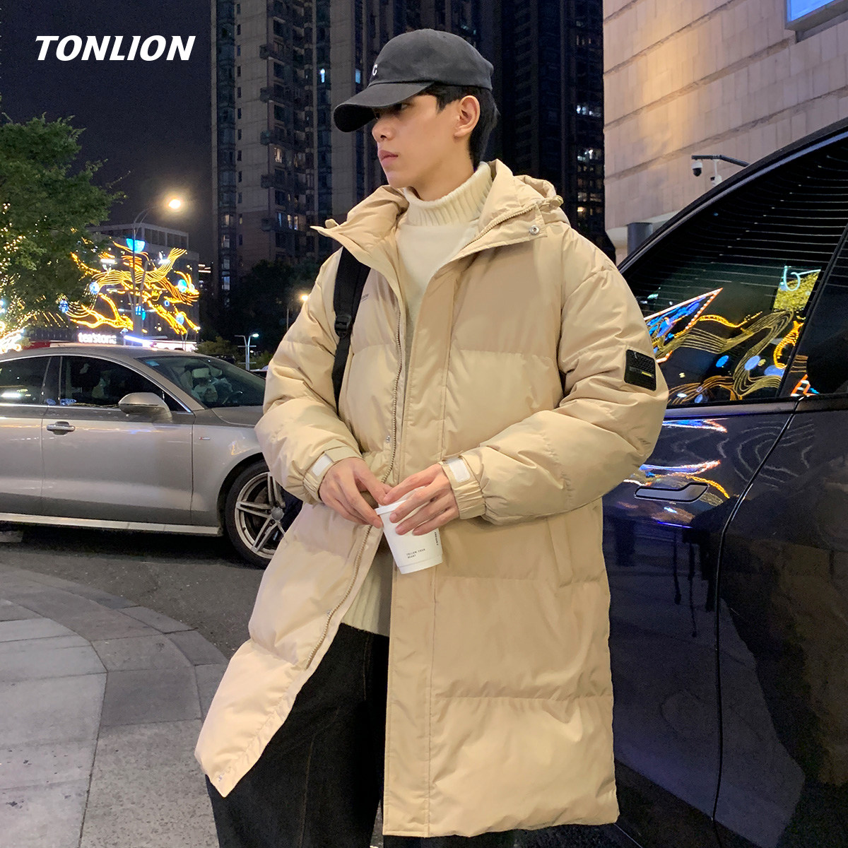 唐狮中长款羽绒服男2025冬季新款韩版宽松连帽青少年加厚保暖外套
