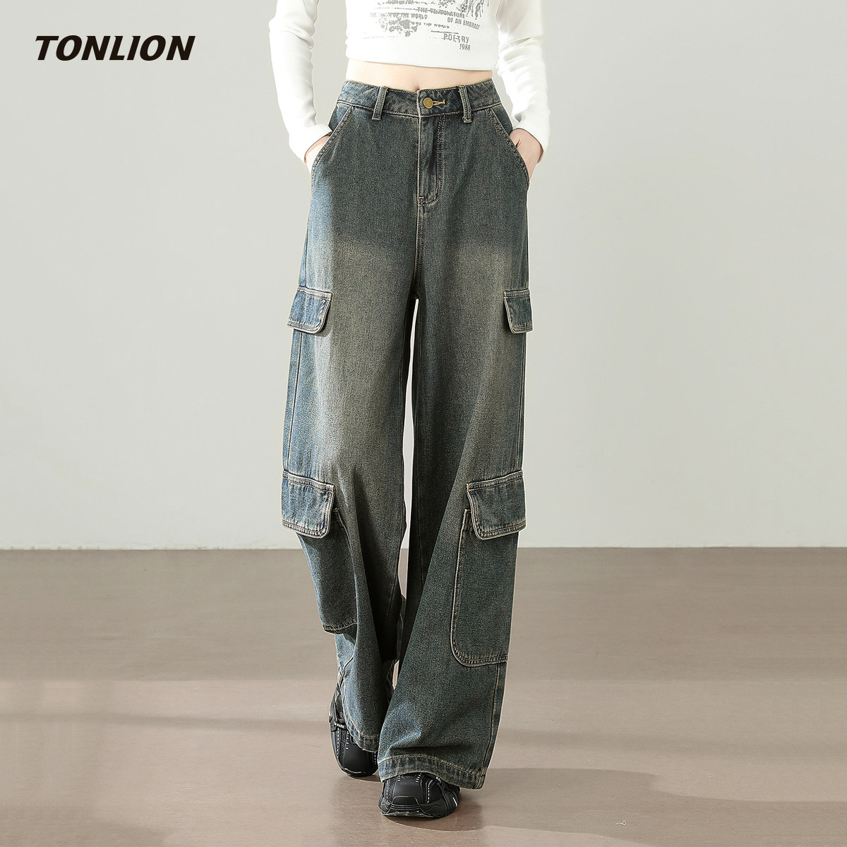 唐狮高腰牛仔裤女2025秋冬新款直筒裤子宽松显瘦高级感工装阔腿裤