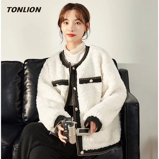唐狮小香风仿羊羔毛外套女2026春季新款撞色拼接宽松保暖气质上衣