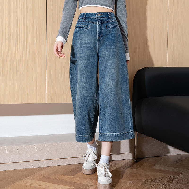 唐狮高腰直筒牛仔裤女2025夏季新款复古宽松显瘦小个子八分阔腿裤