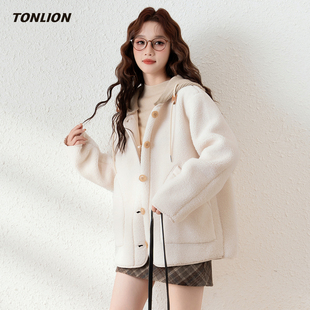 唐狮仿羊羔毛加厚外套女2025秋冬新款拼接假两件宽松连帽保暖上衣