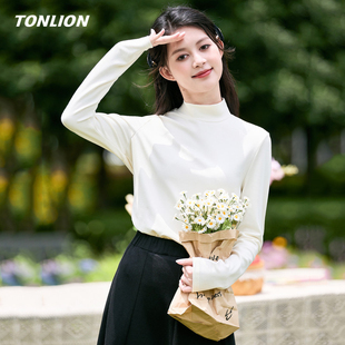 唐狮白色长袖T恤女士上衣春秋新款简约半高领修身显瘦内搭打底衫