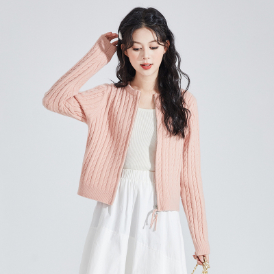 唐狮纯色修身圆领短款针织开衫女