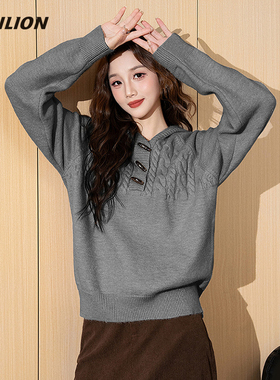 唐狮灰色毛衣女2025冬季新款宽松连帽慵懒高级感内搭可外穿针织衫
