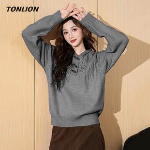 唐狮灰色毛衣女2025冬季新款宽松连帽慵懒高级感内搭可外穿针织衫